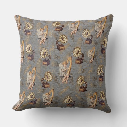ヴィンテージハープと蓄音機オンSteel Gray クッション (正面)