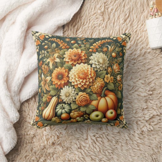 ヴィンテージハーベストオールド花模様秋オータムファームハウス クッション (ブランケット)