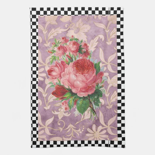 ヴィンテージハーレキンピンクローズ キッチンタオル (縦)