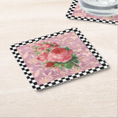 ヴィンテージハーレキンピンクローズ スクエアペーパーコースター (アングル)