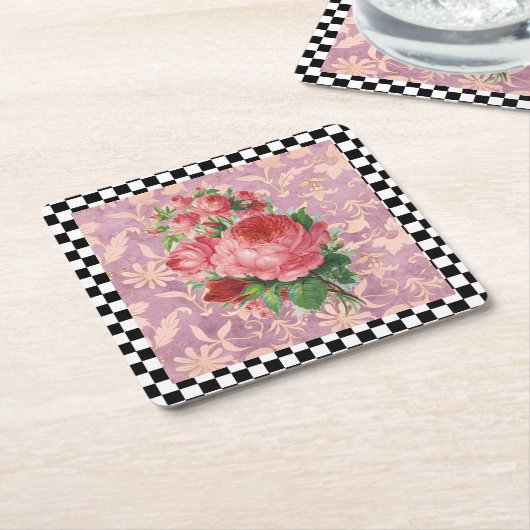 ヴィンテージハーレキンピンクローズ スクエアペーパーコースター (アングル)