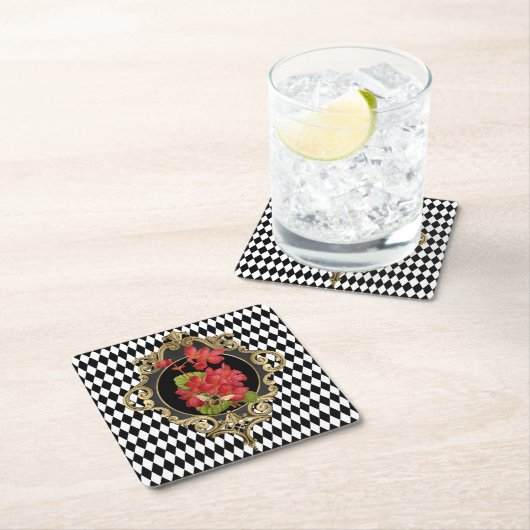 ヴィンテージハーレクインレッドベゴニアス スクエアペーパーコースター (インサイチュ)