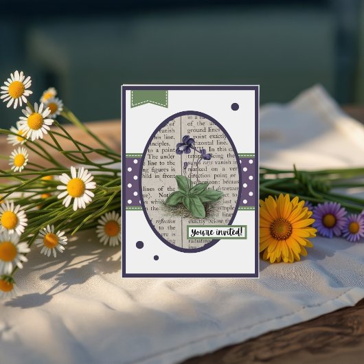 ヴィンテージバイオレット詳細の背面誕生日 招待状