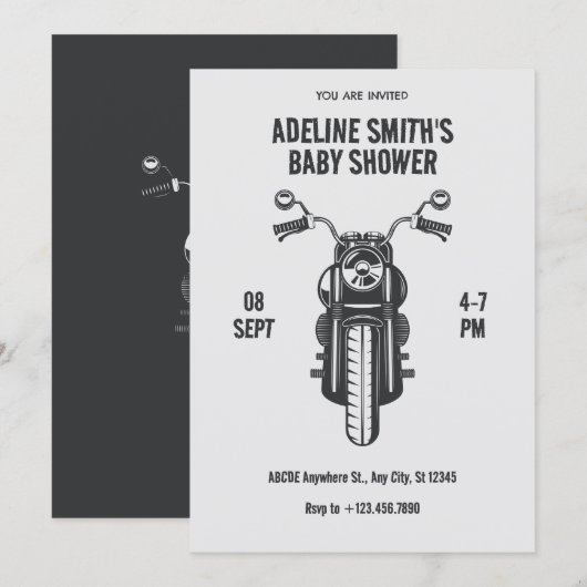 ヴィンテージバイクのアイコン赤ちゃんシャワー 招待状 (正面/裏面)