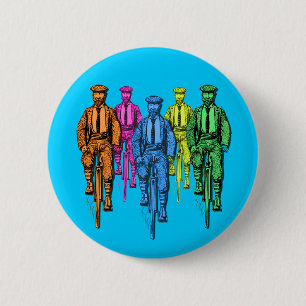 ヴィンテージバイクのイラストレーションの5人の農夫 缶バッジ