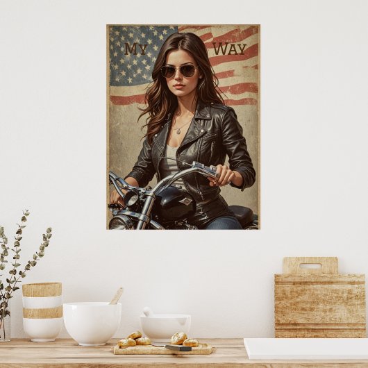 ヴィンテージバイクの女の子バイクもしくは自転車に乗る人 ポスター (キッチン)