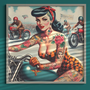ヴィンテージバイクもしくは自転車に乗る人のピンアップ ポスター