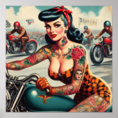 ヴィンテージバイクもしくは自転車に乗る人のピンアップ ポスター (正面)