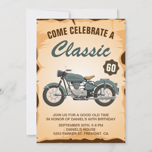 ヴィンテージバイクアダルトバースデーパーティーの招待 招待状 (正面)