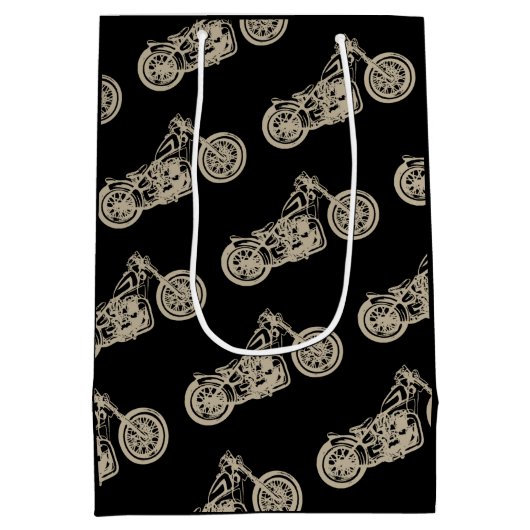 ヴィンテージバイクイラストレーションオンブラックバイクもしくは自転車に乗る人 ミディアムペーパーバッグ (裏面)