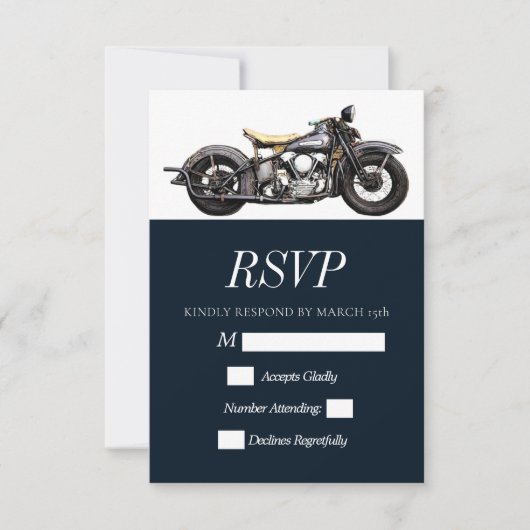 ヴィンテージバイクネイビーモダン結婚ズ 出欠カード (正面)