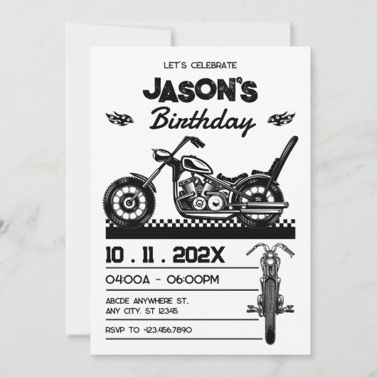 ヴィンテージバイクバイクもしくは自転車に乗る人誕生日 招待状 (正面)