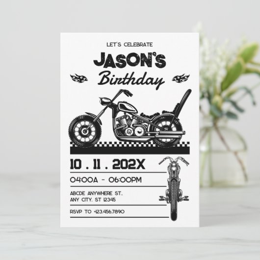 ヴィンテージバイクバイクもしくは自転車に乗る人誕生日 招待状 (スタンド正面)