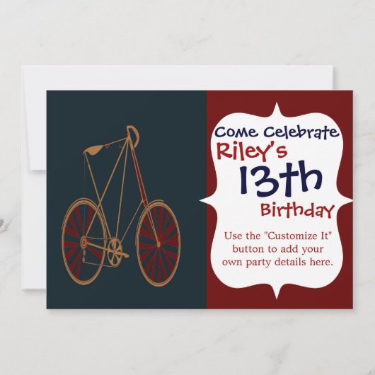 ヴィンテージバイシクルオールドスクールブルーレッドバイク 招待状 (正面)