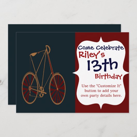 ヴィンテージバイシクルオールドスクールブルーレッドバイク 招待状 (正面/裏面)
