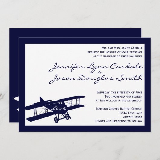ヴィンテージバイプレーンアビエータブルー結婚式招待状 招待状 (正面/裏面)