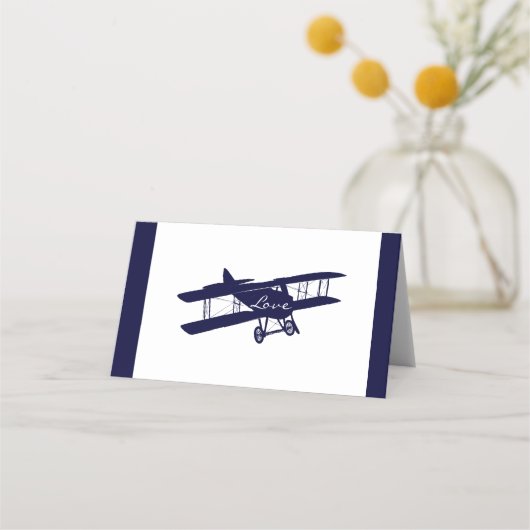 ヴィンテージバイプレーンダークネイビーブルー結婚ズ プレイスカード (裏面)