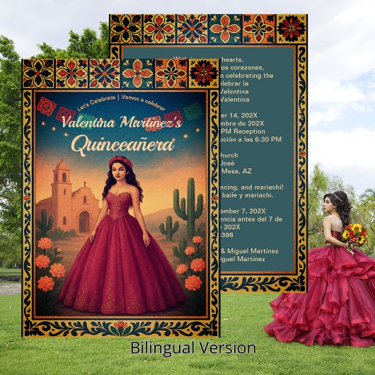 ヴィンテージバイリンガルQuinceanera 15thレッドドレス 招待状