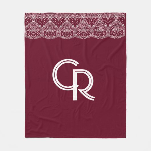 ヴィンテージバエレガントルガンディマルーンホワイトレースフリース フリースブランケット (正面)