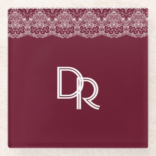 ヴィンテージバエレガントルガンディマルーンホワイトレース ガラスコースター (正面)