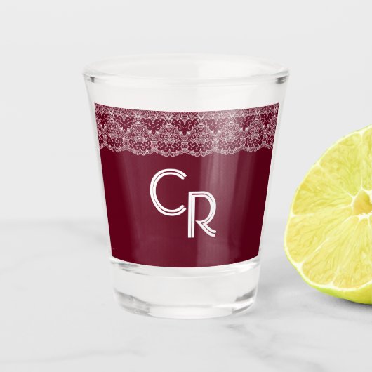 ヴィンテージバエレガントルガンディマルーンホワイトレース ショットグラス (正面)