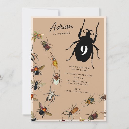 ヴィンテージバグカラフルカブトムシ子供の誕生日パーティー 招待状 (正面)
