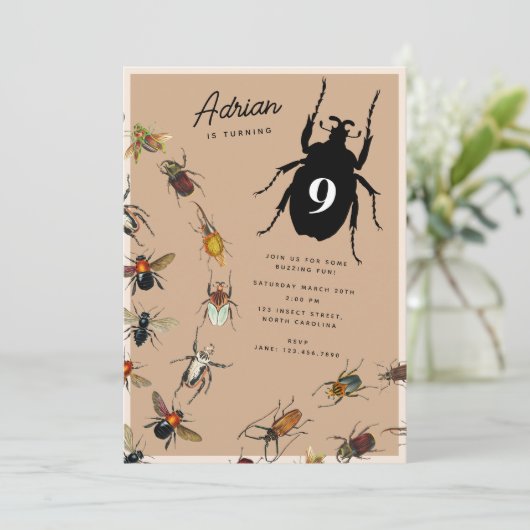 ヴィンテージバグカラフルカブトムシ子供の誕生日パーティー 招待状 (スタンド正面)