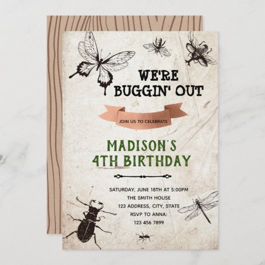 ヴィンテージバグ虫の自然証跡誕生日パーティー 招待状 (正面/裏面)
