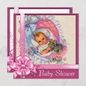 ヴィンテージバシネットピンクローゼベビーガールシャワー 招待状 (正面/裏面)