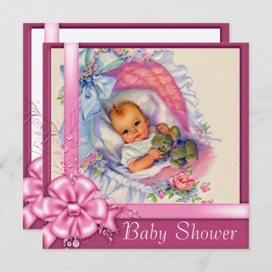 ヴィンテージバシネットピンクローゼベビーガールシャワー 招待状 (正面/裏面)