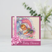 ヴィンテージバシネットピンクローゼベビーガールシャワー 招待状 (スタンド正面)