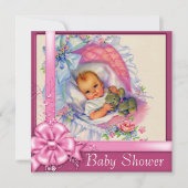 ヴィンテージバシネットピンクローゼベビーガールシャワー 招待状 (正面)