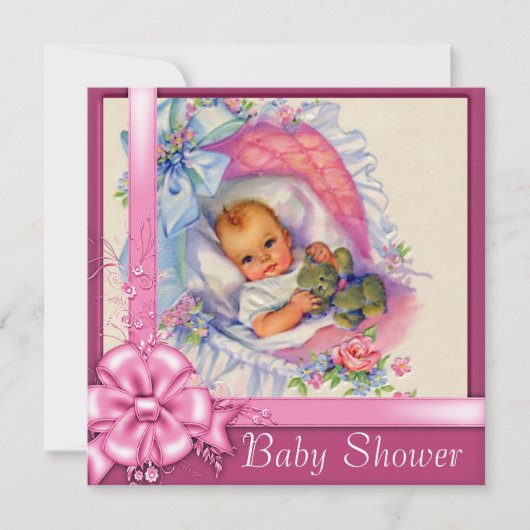 ヴィンテージバシネットピンクローゼベビーガールシャワー 招待状 (正面)