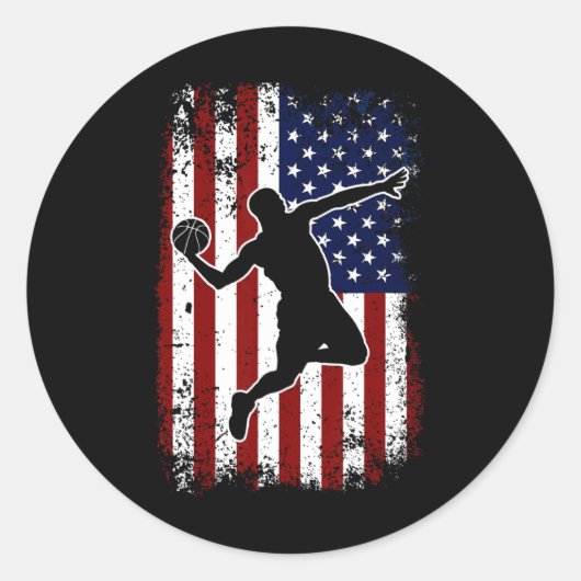 ヴィンテージバスケットボール7月4日米国アメリカ国旗B ラウンドシール (正面)