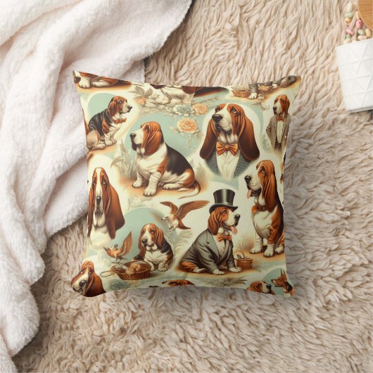 ヴィンテージバスセットハウンドシームレスイラストレーション クッション (ブランケット)