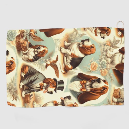 ヴィンテージバスセットハウンドシームレスイラストレーション ゴルフタオル (横)