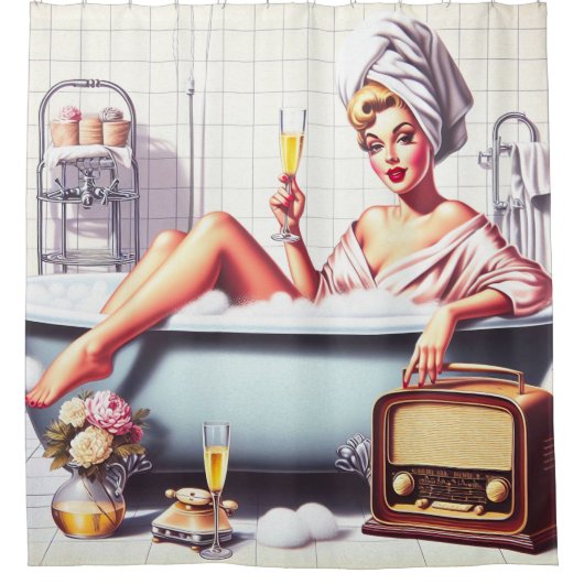 ヴィンテージバスピンアップ シャワーカーテン (正面)