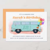 ヴィンテージバスレトロ70s誕生日パレード招待状 サンキューカード (正面/裏面)