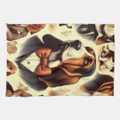 ヴィンテージバセットハウンドイラストレーション キッチンタオル (横)