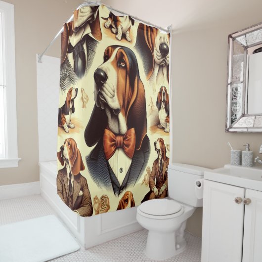 ヴィンテージバセットハウンドイラストレーション シャワーカーテン (インサイチュ)