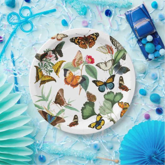 ヴィンテージバタフライアート、多くの種類と色、白 ペーパープレート (パーティー)