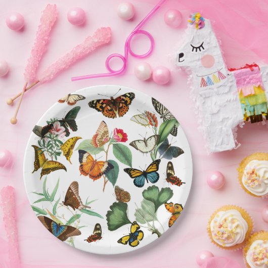 ヴィンテージバタフライアート、多くの種類と色、白 ペーパープレート (パーティー)