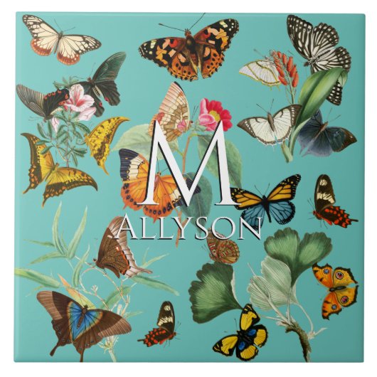 ヴィンテージバタフライアート、多くの種類オンティール(緑がかった色) タイル (正面)