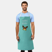 ヴィンテージバタフライアート、DIY名/メッセージティール(緑がかった色) エプロン (着用した状態)