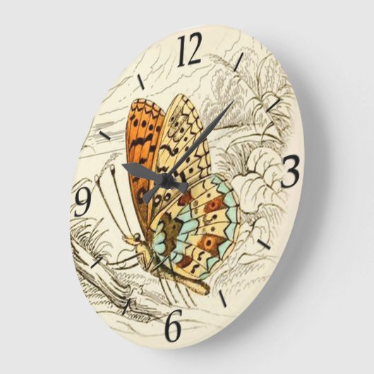 ヴィンテージバタフライイラストレーション、オレンジとベージュ ラージ壁時計 (傾斜)