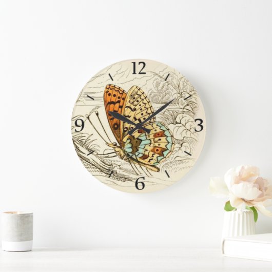 ヴィンテージバタフライイラストレーション、オレンジとベージュ ラージ壁時計 (ホーム)