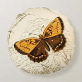 ヴィンテージバタフライイラストレーション、金ゴールド、ブラウン ラウンドクッション (正面)