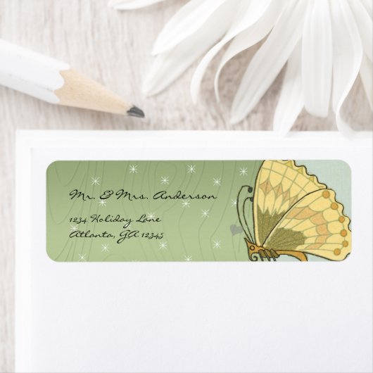 ヴィンテージバタフライグリーンウッドグレインスターアドレス ラベル (インサイチュ)