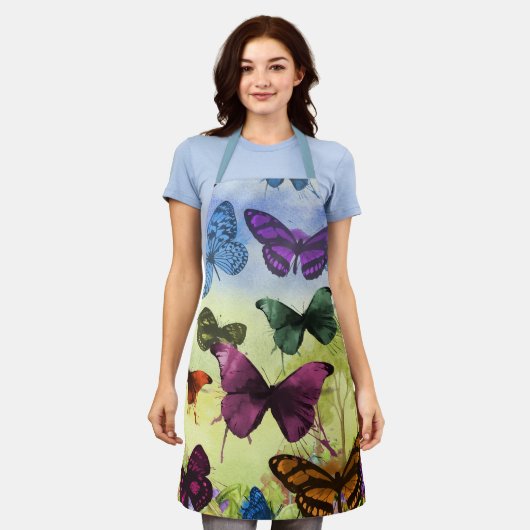 ヴィンテージバタフライパピロンオールドイラストレーションアート エプロン (着用した状態)