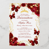 ヴィンテージバタフライフローラレッド金ゴールドキンセアニェラ 箔招待状 (正面)